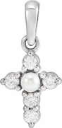 14K White Gold Cultured White Seed Pearl & .07 CTW Natural Diamond Cross Pendant