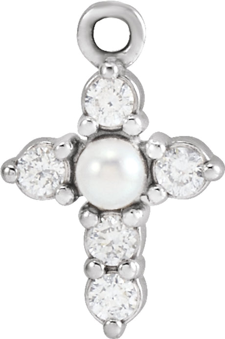 14K White Cultured White Seed Pearl & .07 CTW Natural Diamond Cross Dangle