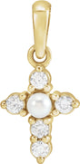 14K Yellow Cultured White Seed Pearl & .07 CTW Natural Diamond Cross Pendant