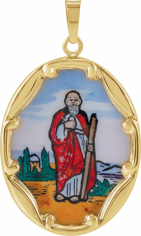 14K Yellow 25x19.5 mm Oval Hand Painted Porcelain St. Jude Medal