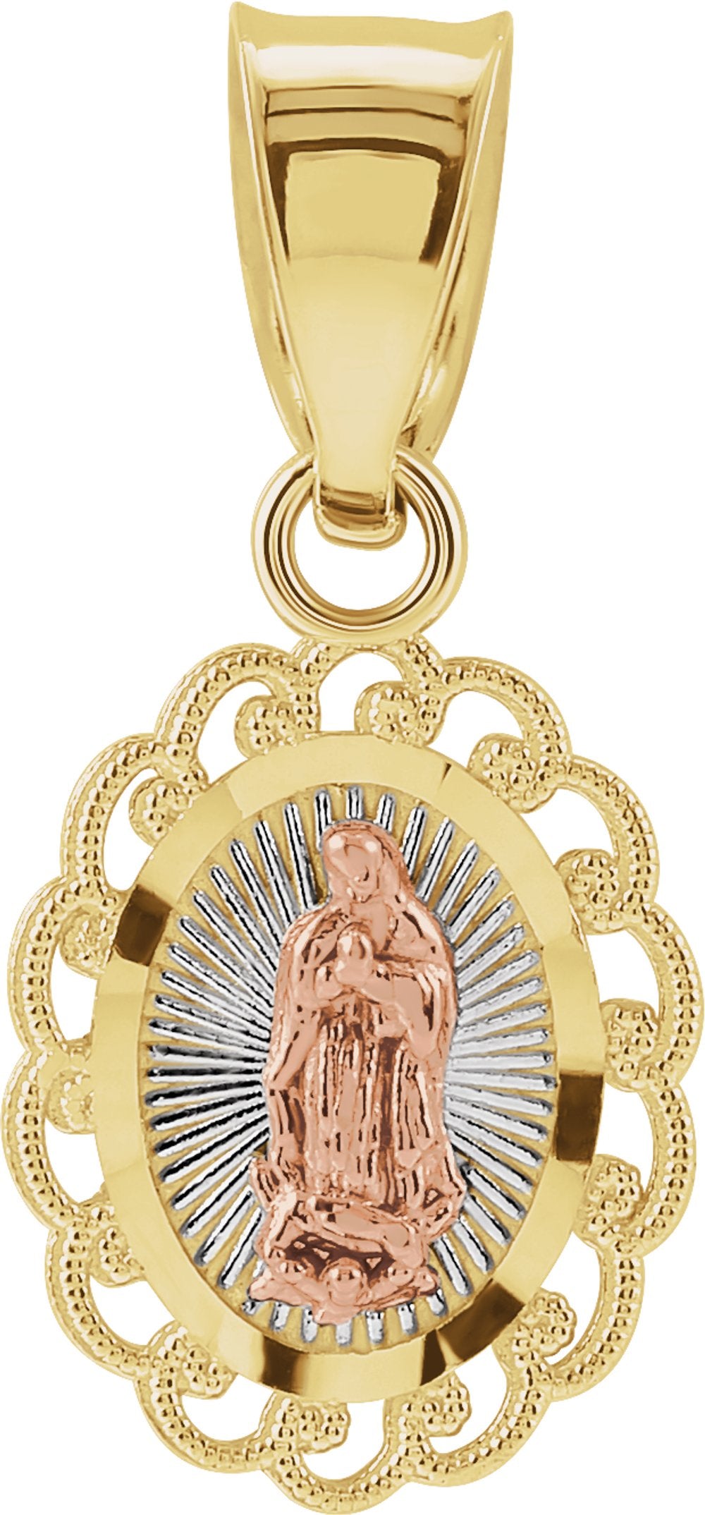 14K Yellow/Rose 11x9 mm Oval Our Lady of Guadalupe Pendant with Rhodium Plating