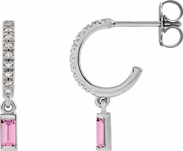 14K White Natural Pink Sapphire & .08 CTW Natural Diamond French-Set Hoop Earrings