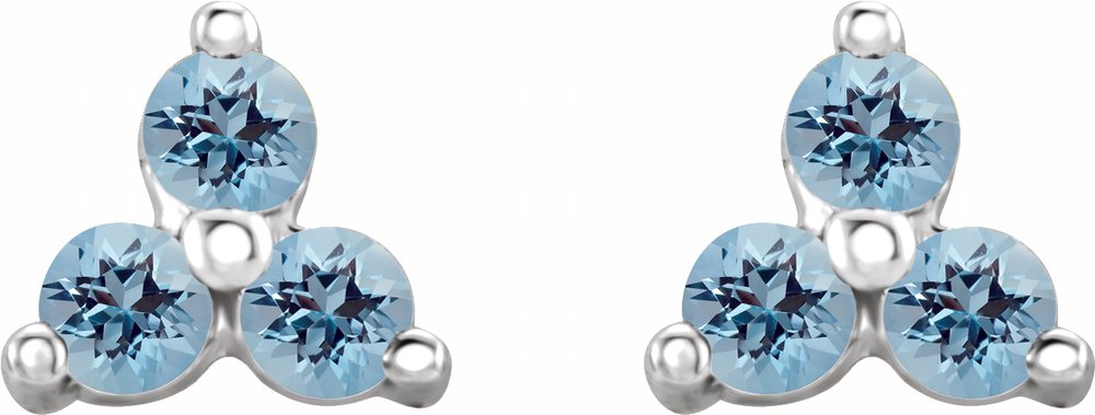 14K White Natural Aquamarine Three Stone Earrings