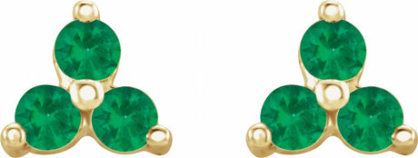 14K Yellow Gold Natural Emerald Three Stone Earrings