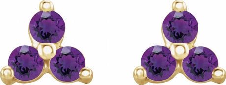 14K Yellow Natural Amethyst Three Stone Earrings