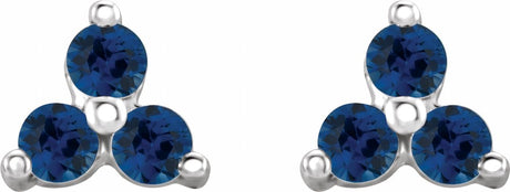 14K White Natural Blue Sapphire Three Stone Earrings