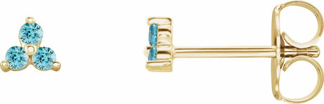 14K Yellow Gold Natural Blue Zircon Three Stone Earrings