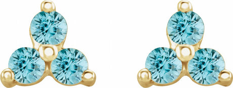 14K Yellow Gold Natural Blue Zircon Three Stone Earrings