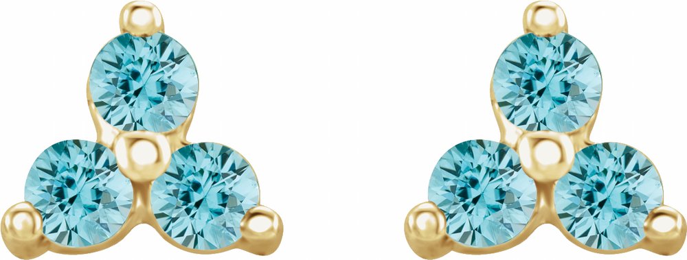 14K Yellow Natural Blue Zircon Three Stone Earrings