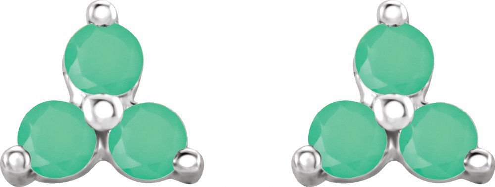 14K White Natural Chrysoprase Three Stone Earrings