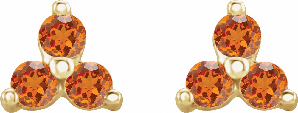 14K Yellow Natural Orange Garnet Three Stone Earrings