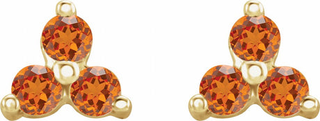 14K Yellow Natural Orange Garnet Three Stone Earrings