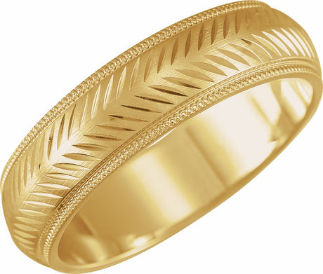 10K Yellow Gold 6 mm Milgrain Stepped-Edge Herringbone Pattern Half Round Band Size 10