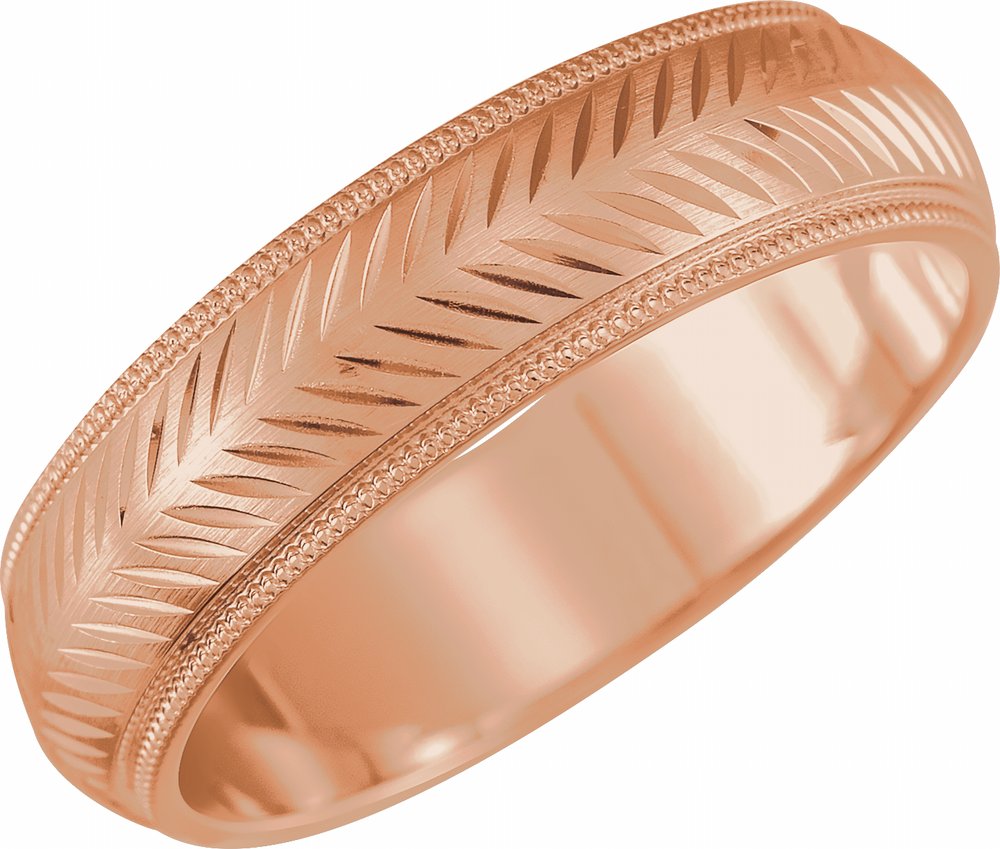 10K Rose Gold 6 mm Milgrain Stepped-Edge Herringbone Pattern Half Round Band Size 7.5