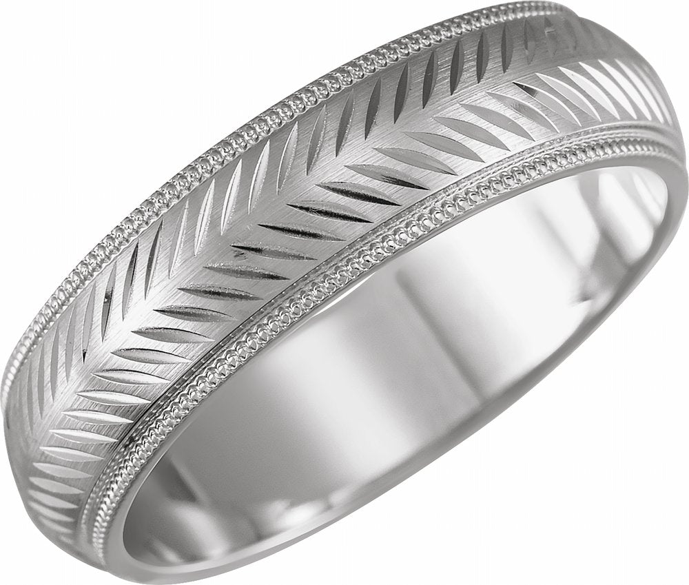 14K White Gold 6 mm Milgrain Stepped-Edge Herringbone Pattern Half Round Band Size 10.5