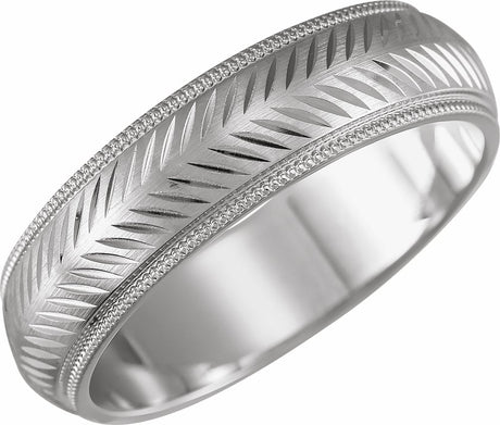 14K White Gold 6 mm Milgrain Stepped-Edge Herringbone Pattern Half Round Band Size 10.5