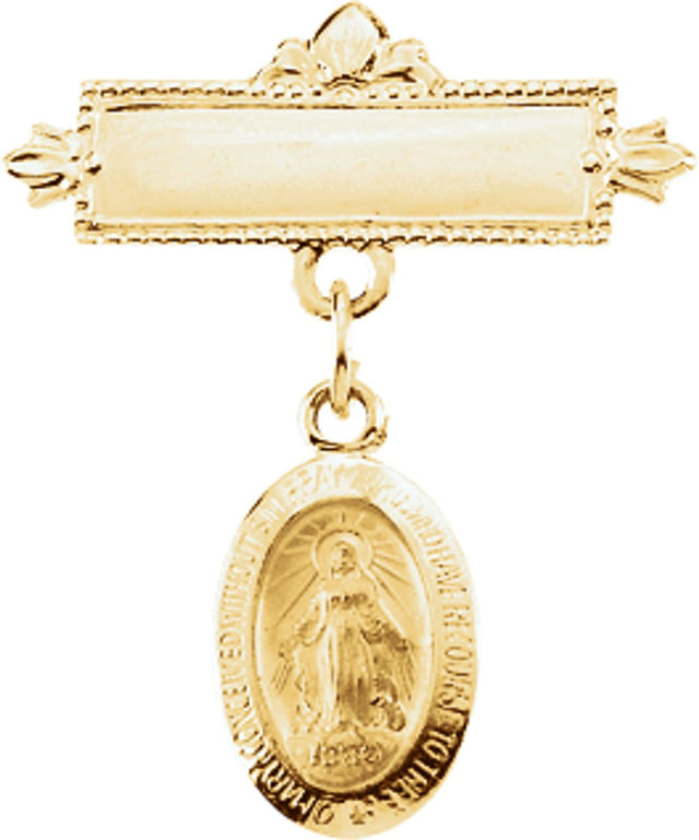 14K Yellow Miraculous Medal Baptismal Pin 