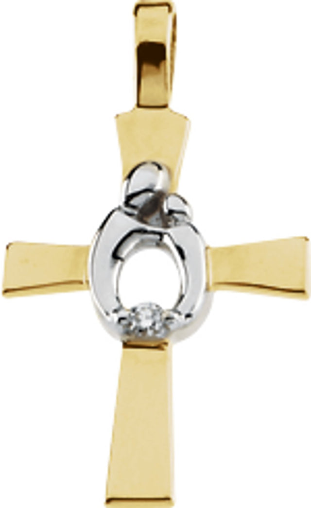 Rhodium-Plated 14K Yellow Gold .01 CT Natural Diamond Mother & Child® Cross Pendant