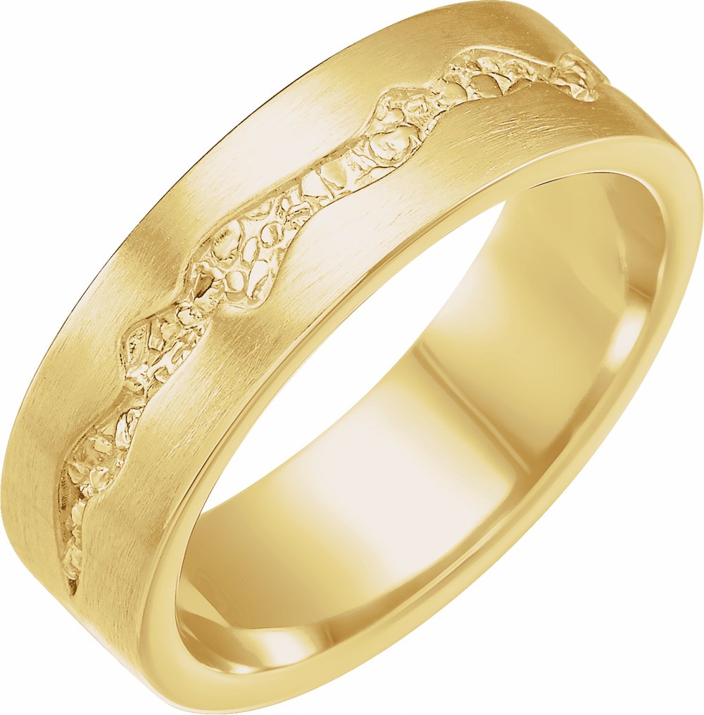 10K Yellow Gold 6 mm Nugget Pattern Inlay Flat Band Size 10