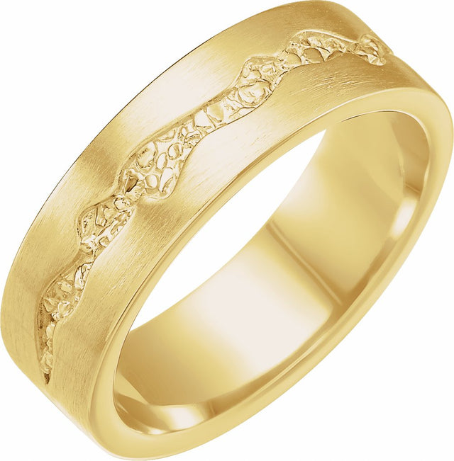 10K Yellow Gold 6 mm Nugget Pattern Inlay Flat Band Size 10