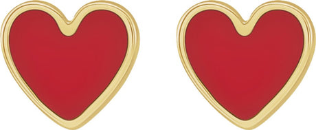 14K Yellow Gold Red Enamel Heart Earrings