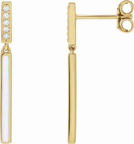 14K Yellow .06 CTW Natural Diamond & White Enamel Bar Earrings