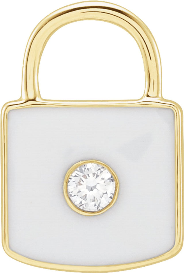 14K Yellow .035 CT Natural  Diamond & White Enamel Lock Charm/Pendant