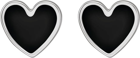 14K White Gold Black Enamel Heart Earrings