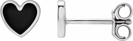14K White Gold Black Enamel Heart Earrings
