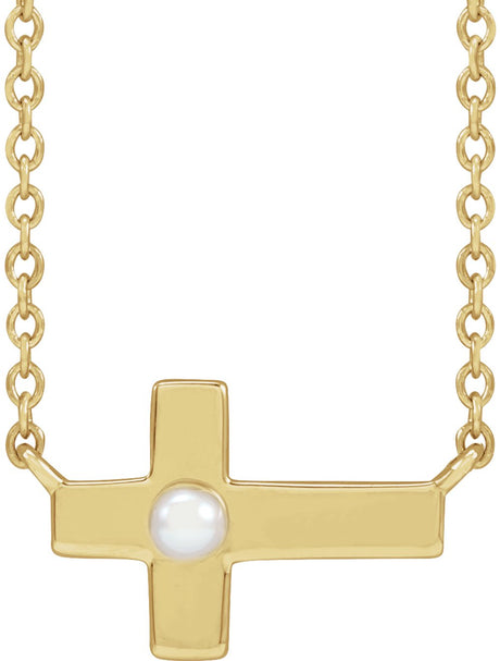 14K Yellow Cultured White Seed Pearl Sideways Cross 16-18" Necklace