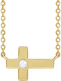 14K Yellow Gold Cultured White Seed Pearl Sideways Cross 16-18" Necklace