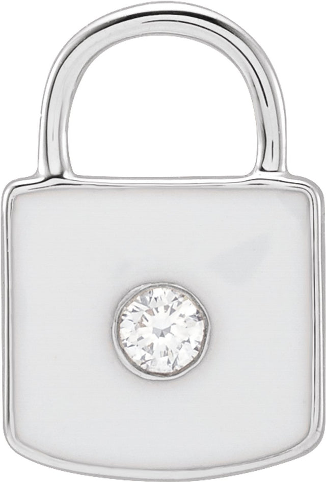 14K White .035 CT Natural  Diamond & White Enamel Lock Charm/Pendant