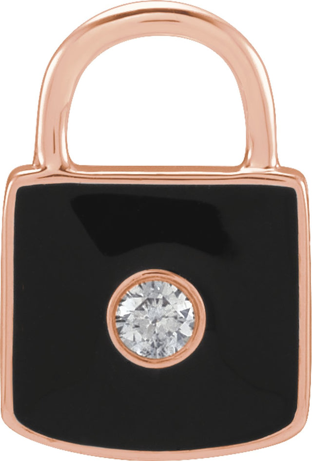 14K Rose .035 CT Natural  Diamond & Black Enamel Lock Charm/Pendant