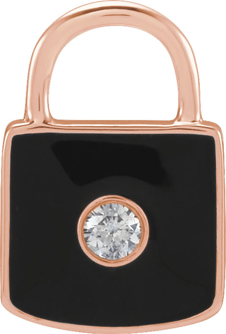 14K Rose Gold .035 CT Natural  Diamond & Black Enamel Lock Charm/Pendant