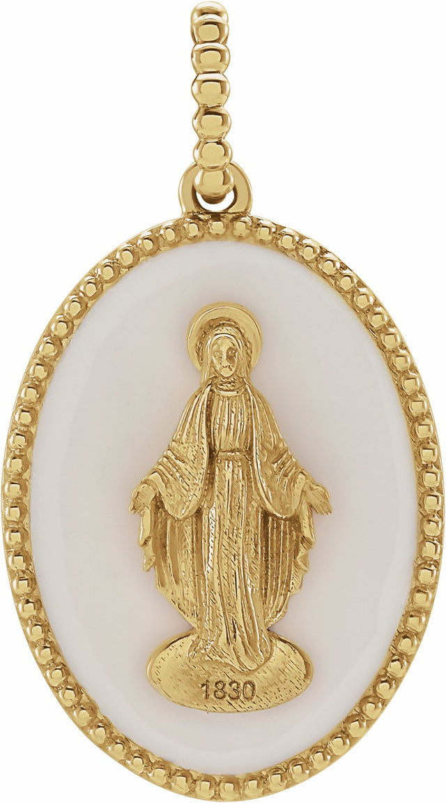 14K Yellow White Enamel Miraculous Medal Pendant