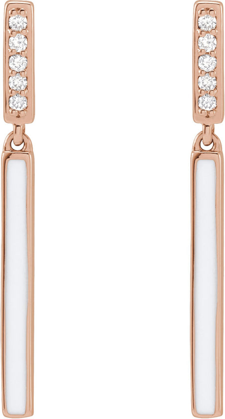 14K Rose .06 CTW Natural Diamond & White Enamel Bar Earrings