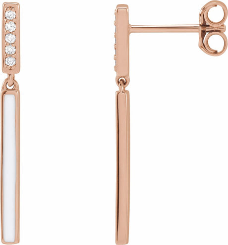 14K Rose Gold .06 CTW Natural Diamond & White Enamel Bar Earrings