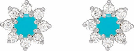 14K White Gold Natural Turquoise & 1/8 CTW Natural Diamond Flower Earrings
