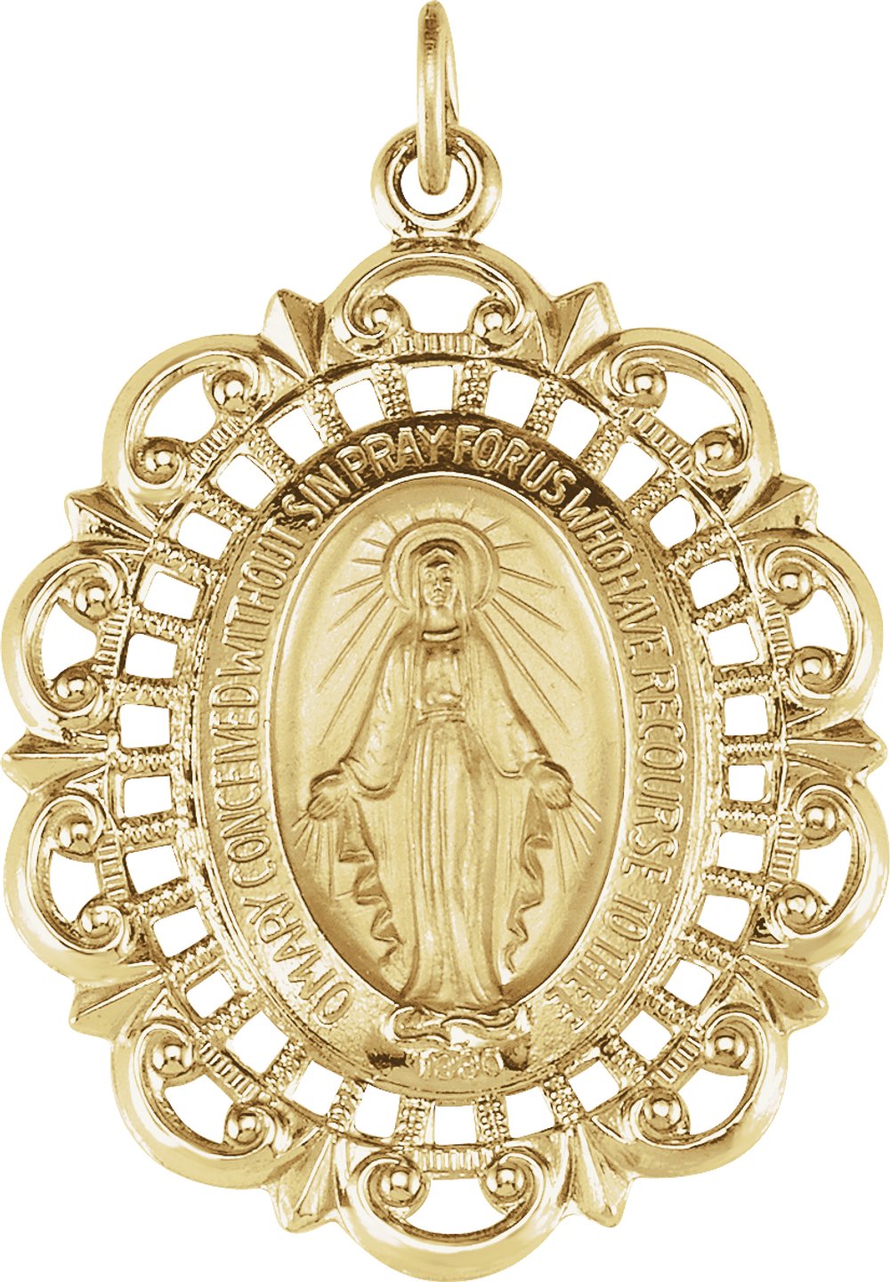 14K Yellow 32x23 mm Oval Filigree Miraculous Medal