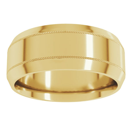 14K Yellow Gold 8 mm Milgrain Beveled-Edge Comfort-Fit Flat Band Size 9