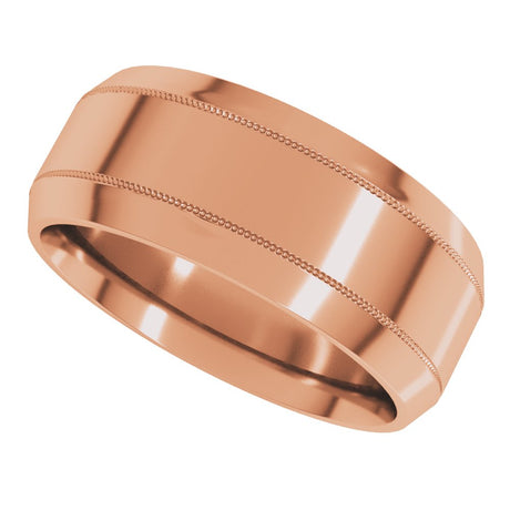 14K Rose Gold 8 mm Milgrain Beveled-Edge Comfort-Fit Flat Band Size 10.5