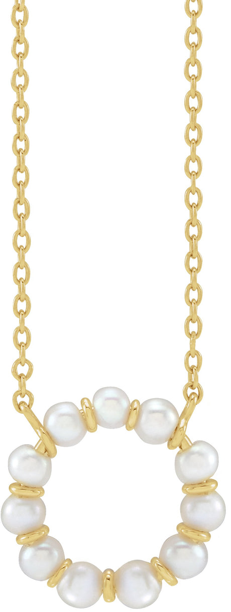 14K Yellow Gold Cultured White Freshwater Pearl Circle 18" Necklace