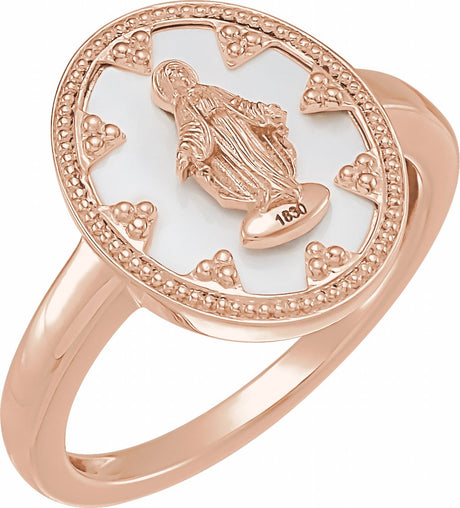 14K Rose Oval White Enamel Miraculous Medal Ring