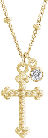 14K Yellow Gold .06 CT Natural Diamond Beaded Cross 20" Necklace