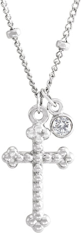14K White Gold .06 CT Natural Diamond Beaded Cross 20" Necklace