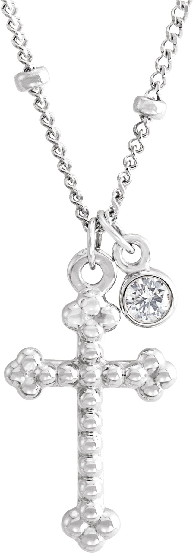 14K White Gold .06 CT Natural Diamond Beaded Cross 20" Necklace