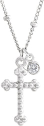 14K White Gold .06 CT Natural Diamond Beaded Cross 20" Necklace