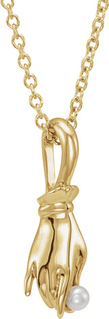 14K Yellow Gold Cultured White Seed Pearl Buddha Hand 16-18" Necklace