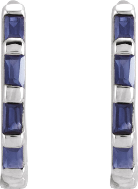 14K White Natural Blue Sapphire Huggie Earrings