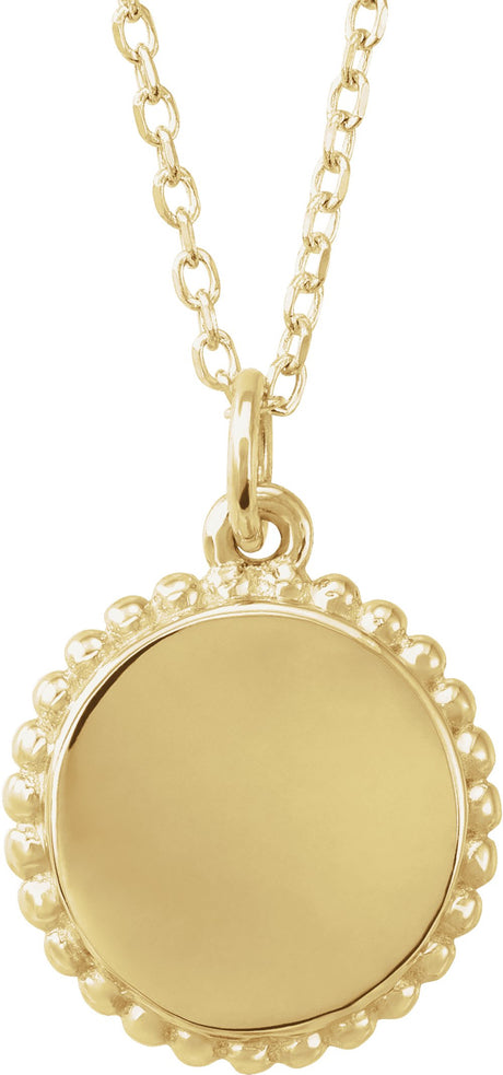 14K Yellow Gold Engravable Beaded Disc 16-18" Necklace